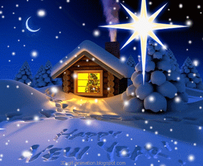 snow home and star happy new year card animated